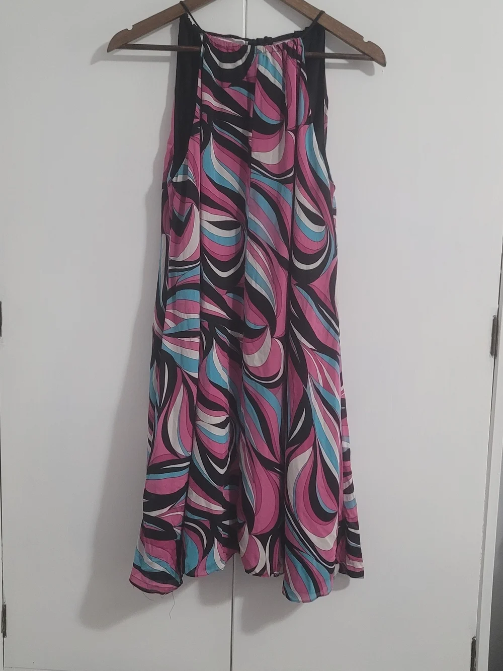 Halter Pink & Blue Swirl Midi Dress 70s Style